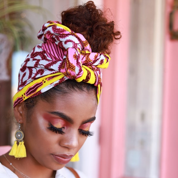 Turban Wax, Pink and Yellow Headwrap, African Print Headwrap, African Turban, Women’s Gift Idea
