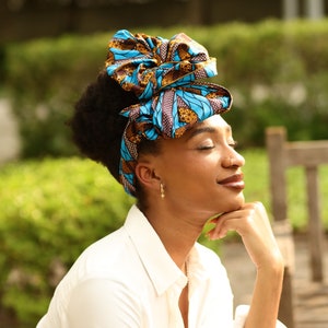 Blue Turban Wax, African Print Headwrap, Blue Headband, Ankara Print Headwrap image 2