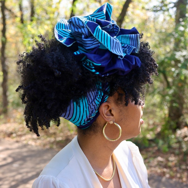 Turban wax, tissu africain, turban africain, turban d'Ankara, turban bleu, turban pour femme