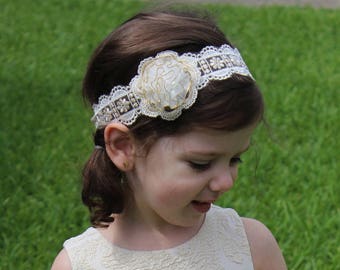 White and gold headband, flower girl headband, christening headband, baptism headband, communion headband, wedding headband,elegant headband