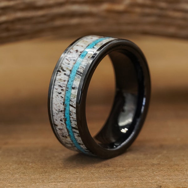 The Comal | 8mm Black Tungsten Offset Crushed Turquoise Antler Ring