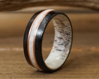 The Loxahatchee | Men's 8mm Black Ebony Wood & Copper Strip Antler Ring