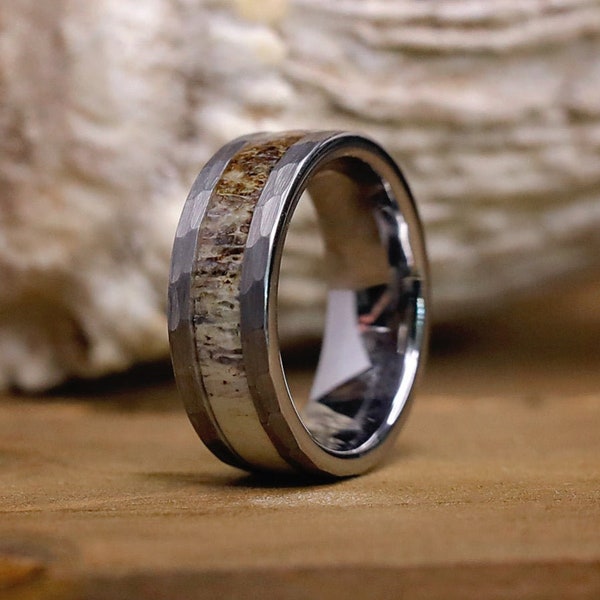 The Rocky Mountain | 8mm Hammered Tungsten Antler Ring