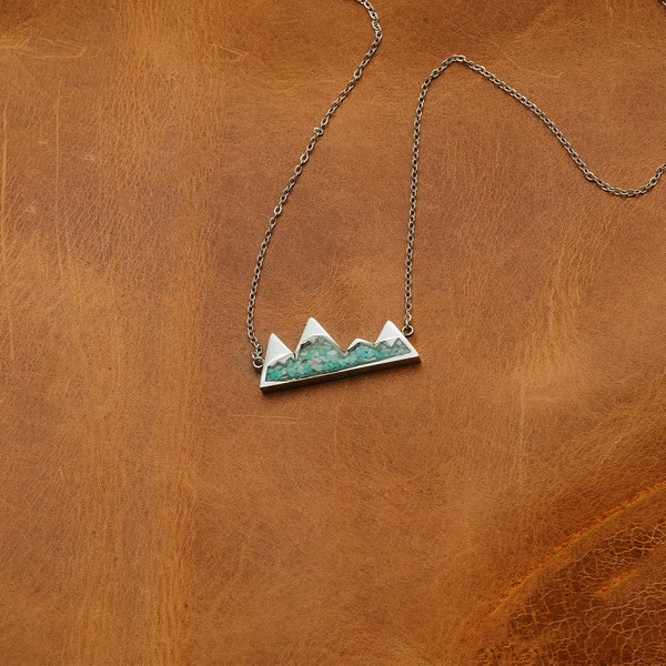 The Turquoise Mountain Range | Stainless Steel Genuine Crushed Turquoise Gemstone Mountain Range Necklace