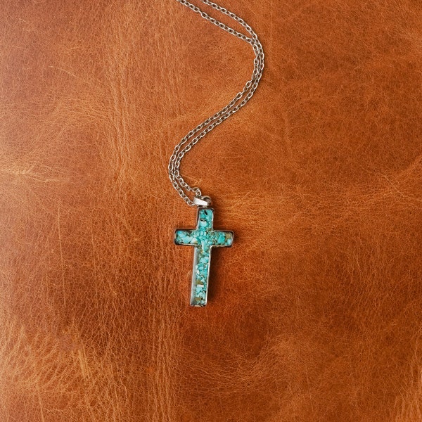 Genuine Stone Cross Necklace | Stainless Steel Cross Pendant Natural Turquoise Gemstone Necklace