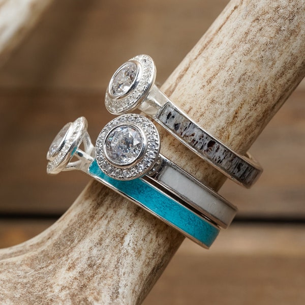 The Grand Castle Rock | Women's Haloed Stone, Antler/Turquoise Engagement Ring