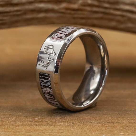 The Silver Stag 8mm Titanium Stag Stamp Etched Antler Ring Etsy UK