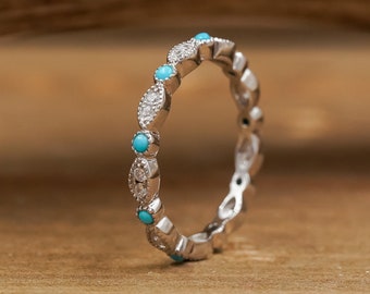 The Turquoise Vintage Stacking Band | 925 Sterling Silver Vintage Design Turquoise & Cubic Zirconia Stacking Ring