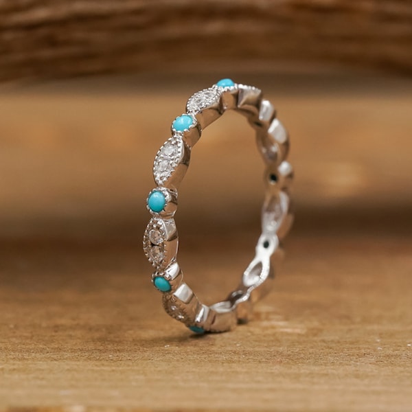 The Turquoise Vintage Stacking Band | 925 Sterling Silver Vintage Design Turquoise & Cubic Zirconia Stacking Ring