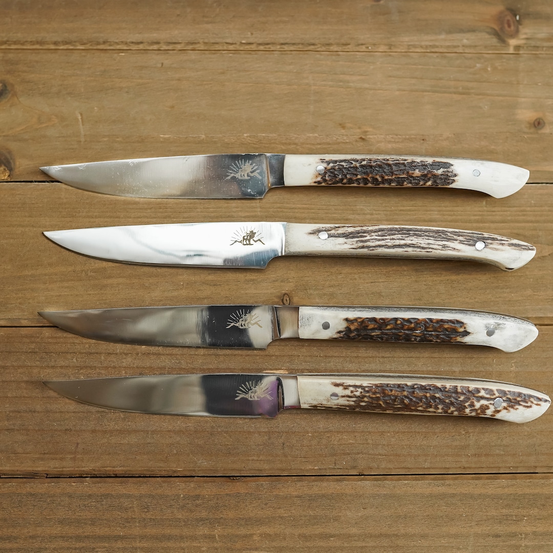 Straight Edge Stag Steak Knife Set Set of 4 Stag Antler Handle Flat