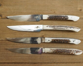 Straight Edge Stag Steak Knife Set | Set of 4 Stag Antler Handle Flat Edge Steak Knives