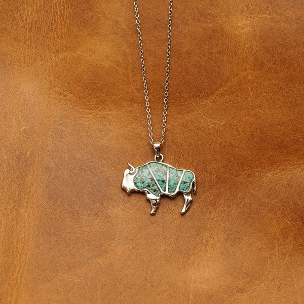 The Turquoise Bison | Stainless Steel Chain Bison Pendant Natural Turquoise Gemstone Animal Jewelry Necklace