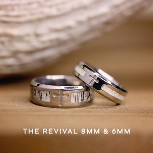 The Men's Revival 8mm Carved Titanium Etched Cross Antler Ring image 4