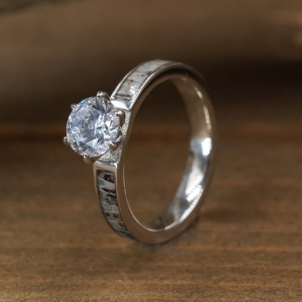 The Grand Cascade | 4mm Titanium Natural Antler Inlaid Ring with Round CZ