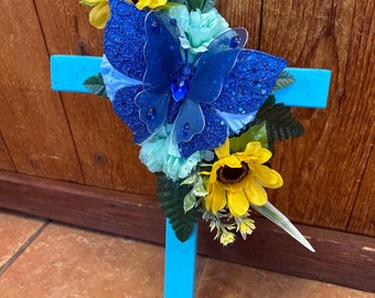 Cemetery cross - cemetery flowers - cemetary flowers - flowers for grave - gravesite decor - wood - Easter - vase - cone - grave marker