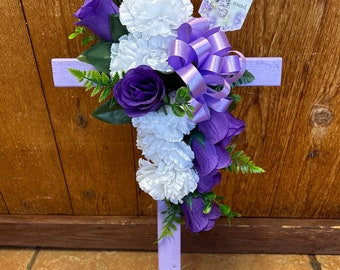 Cemetery cross - cemetery flowers - cemetary flowers - flowers for grave - gravesite decor - wooden cross - grave marker - vase - cone - mom