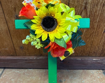 Cemetery cross - cemetery flowers - cemetary flowers - flowers for grave - gravesite decor - wood - Easter - vase - cone - grave marker