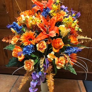 Cemetery fall flowers - fall flower for grave - gravesite decorations - autumn flowers - cemetery flowers - cemetary flowers - cone - vase -