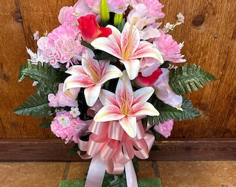 Cemetery flowers - cemetary flowers - flowers for grave - gravesite decorations - mothers day - cone - vase - pink flowers