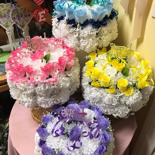 Silk Birthday Cake Cemetery Flowers Memorial Floral Etsy