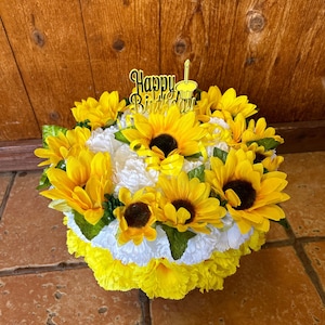 Sunflower Silk Birthday Cake - cemetery flowers - memorial floral flowers - Happy Birthday - saddle - grave flowers - vase - cone