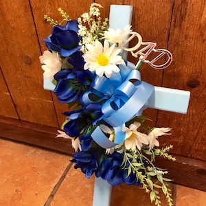 Cemetery cross cemetary flowers grave decoration Fathers Day grave marker tombstone headstone vase cone blue flowers image 1