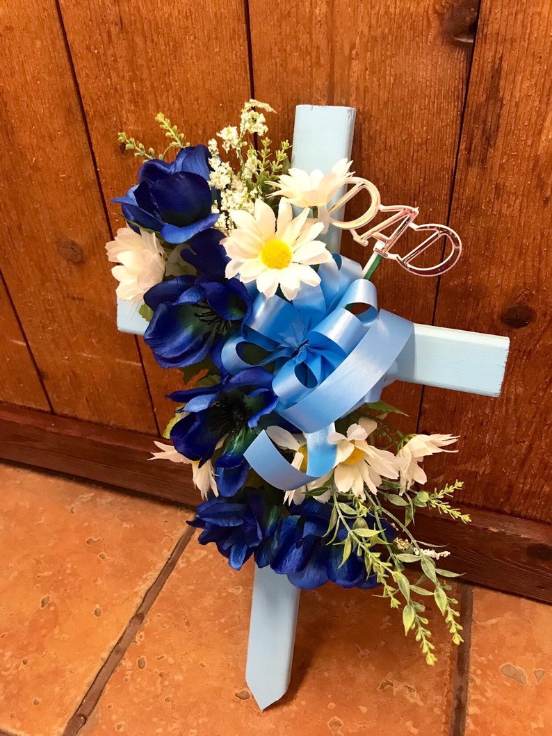 Cemetery cross cemetary flowers grave decoration Fathers Day grave marker tombstone headstone vase cone blue flowers image 1