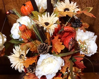 Fall flowers for cemetery - flowers for grave - gravesite decor - autumn vase - cone - grave arrangement -