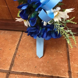 Cemetery cross cemetary flowers grave decoration Fathers Day grave marker tombstone headstone vase cone blue flowers image 6