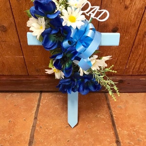 Cemetery cross cemetary flowers grave decoration Fathers Day grave marker tombstone headstone vase cone blue flowers image 2