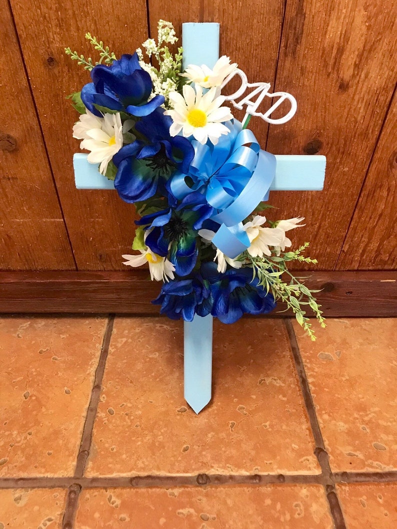 Cemetery cross cemetary flowers grave decoration Fathers Day grave marker tombstone headstone vase cone blue flowers image 2