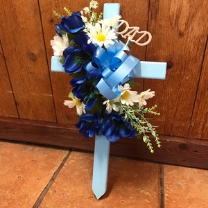 Cemetery cross cemetary flowers grave decoration Fathers Day grave marker tombstone headstone vase cone blue flowers image 5