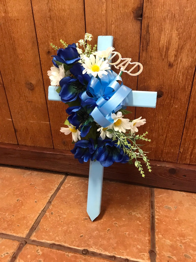 Cemetery cross cemetary flowers grave decoration Fathers Day grave marker tombstone headstone vase cone blue flowers image 5