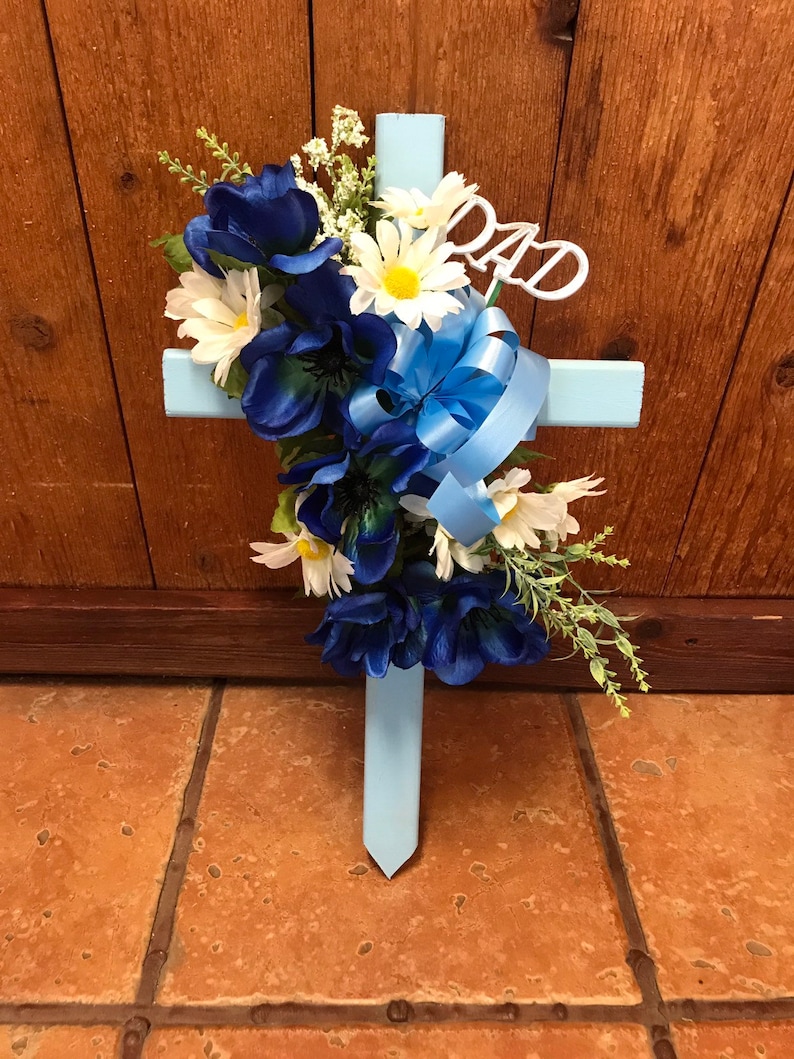 Cemetery cross cemetary flowers grave decoration Fathers Day grave marker tombstone headstone vase cone blue flowers image 4