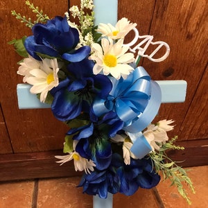 Cemetery cross cemetary flowers grave decoration Fathers Day grave marker tombstone headstone vase cone blue flowers image 3