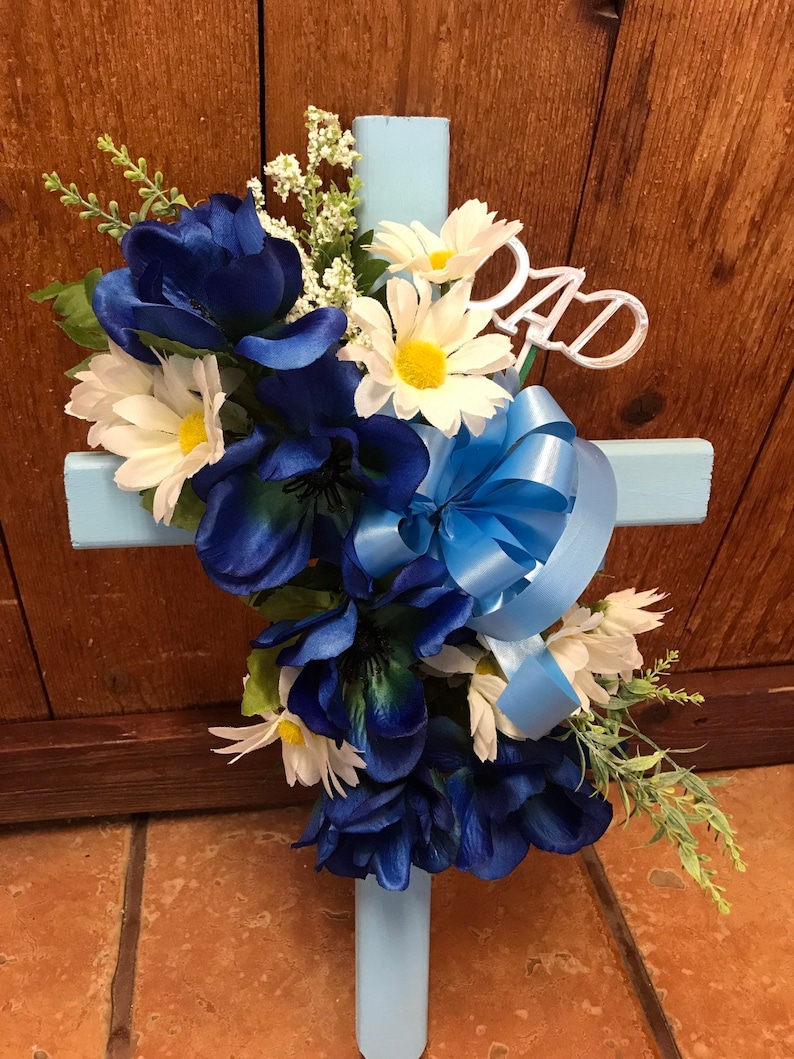 Cemetery cross cemetary flowers grave decoration Fathers Day grave marker tombstone headstone vase cone blue flowers image 3