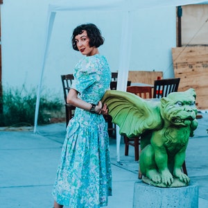 Vintage 70s Act I Rouched Dropwaist Floral Party Dress with Trumpet Skirt and Large Bow; 80s Evening Wear Popcorn Midi Dress with Dropwaist
