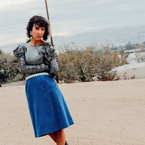 80s Vintage Wool Blue, Green, and Purple Skirt; 80s Tweed Rainbow Skirt with Elastic Waistband