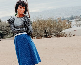 May include: A woman wearing a silver sequined top with a blue plaid skirt and silver shoes. She is standing in a desert-like setting.