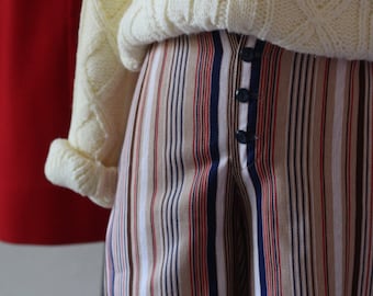 70s Striped Nautical Shorts with Navy Button Detail; Red, Navy, White, Tan, and Brown Striped Western Shorts, Vintage High Waisted Shorts