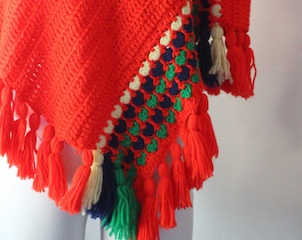 Vintage Knit Poncho 70s Handmade Red, Green, Navy Blue, and Pale Yellow Fringe and Striped Poncho with Tassels