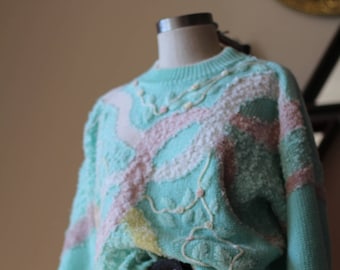 Vintage 80s Jaclyn Smith Pastel Spring Sweater; 80s Feminine Oversized Embellished Floral Knit Chunky Sweater