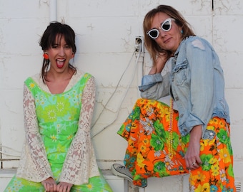 70s Daisy Wide Leg Culotte Jumpsuit; Mock Neck Collar with Ruffled Sleeves, Orange, Lime Green, Baby Blue, and White Floral