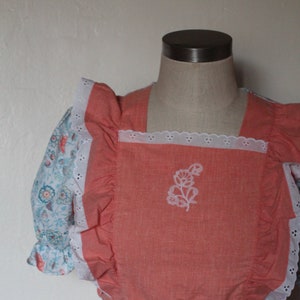 Vintage 70s Gunne Sax inspired Floral Maxi/Apron Dress with Short Sleeves and Square Collar with Embroidery; Coral and Blue Floral Print
