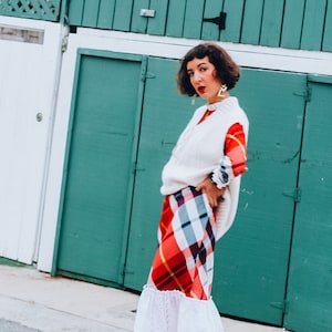 Vintage 70s Buffalo Plaid Cotton Bib Maxi Dress with Cute Lace Trim; 60s Holiday Christmas Handmade Plaid Midi Dress with Mockneck Collar M