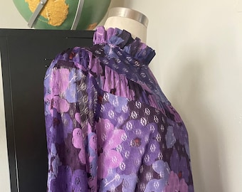 Vintage 60s Mod Psychadelic Bold Floral Print in Shades of Purple with Ruffled Sleeves and Mock Neck Collar; 70s Lazercut Maxi Dress Yolk