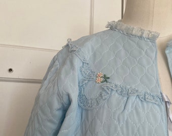 Vintage 60s Cropped Mod Quilted Dress/Housecoat Pastel Jacket with Yolk Collar; 70s Spring Pastel Floral  Quilted Jacket with Bell Sleeves