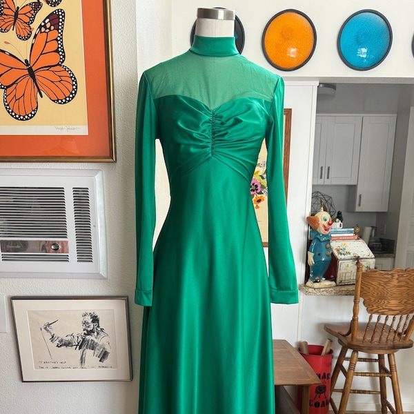 Vintage 60s Bright Green Long Sleeve Draped Lace Evening Wear Dress; 70s Romantic Mesh and Nylon Floor Length Cocktail Dress Fit and Flare M