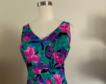 Vintage 60s 70s Maxine of Hollywood One Piece Bathing Suit with Abstract Florals Pink, Purple, and Blue; 60s Neon Swimsuit Plunging Neckline