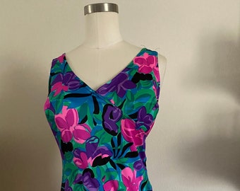 Vintage 60s 70s Maxine of Hollywood One Piece Bathing Suit with Abstract Florals Pink, Purple, and Blue; 60s Neon Swimsuit Plunging Neckline